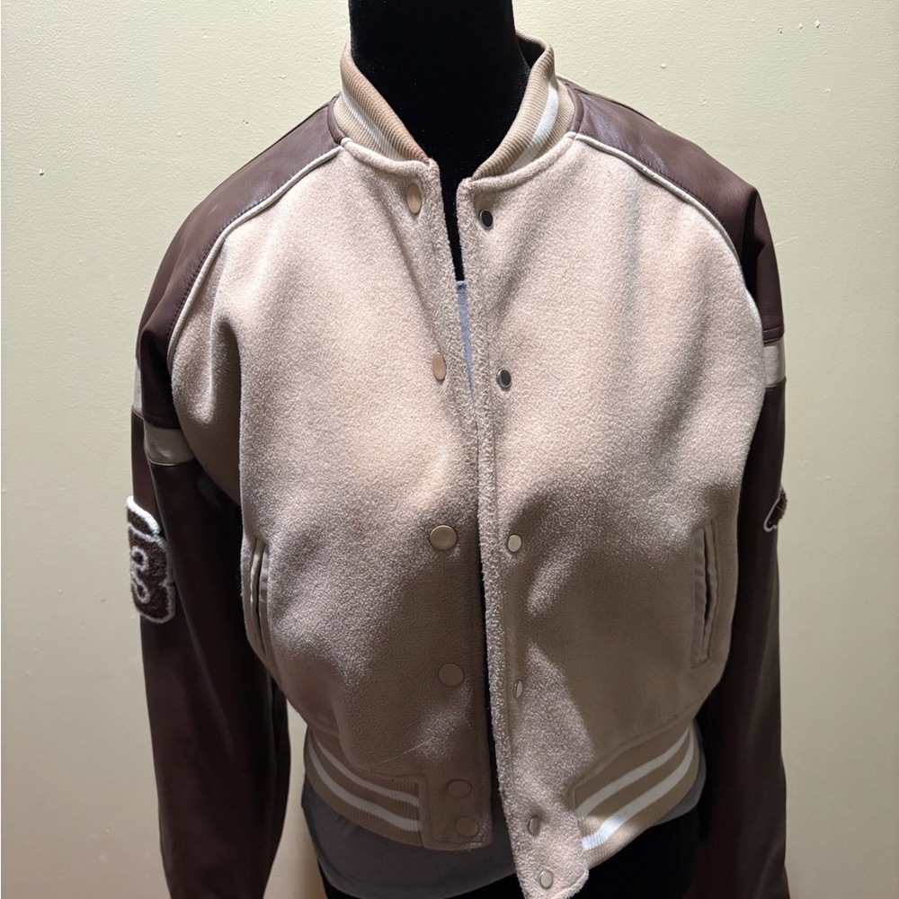 Maniere De Voir Cream and Brown Varsity Jacket